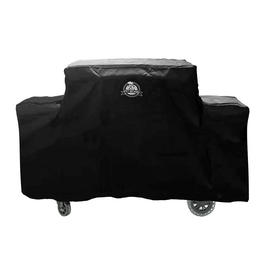 Black grill cover with logo, wheels, and storage compartment.