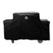Black grill cover with logo, wheels, and storage compartment.