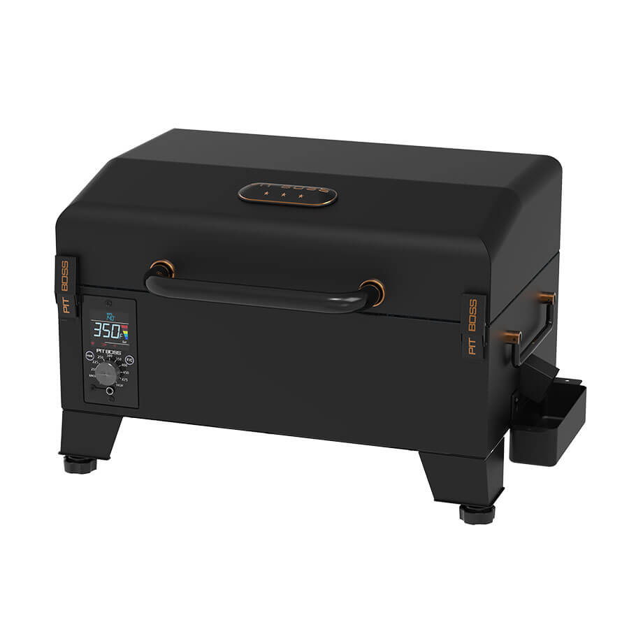 Black Pit Boss electric smoker with digital display and handle.
