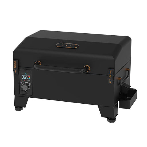 Black Pit Boss electric smoker with digital display and handle.