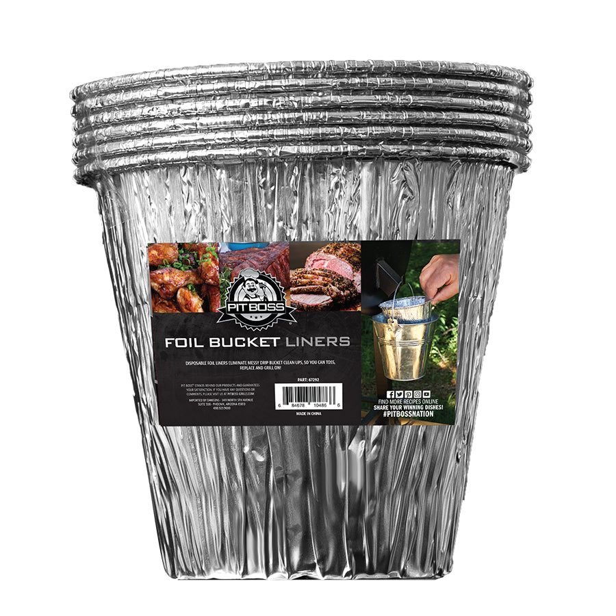 Silver Pit Boss foil bucket liners, disposable for easy clean-up.