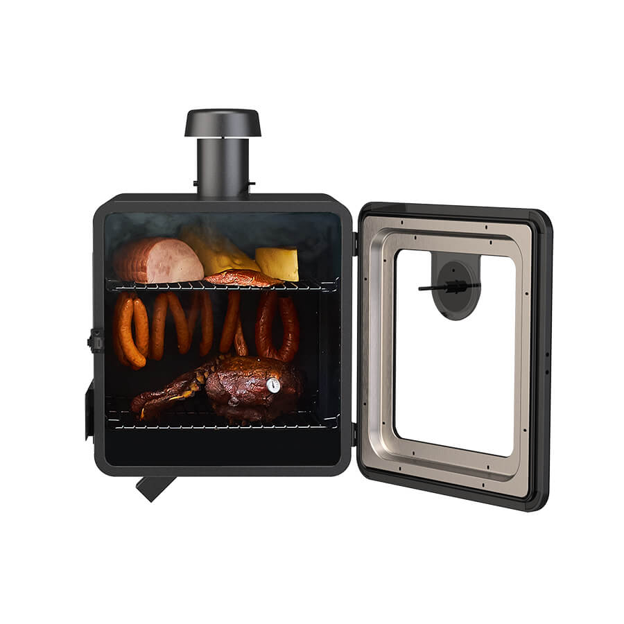 Black portable smoker with open door, cooking meats and sausages inside.