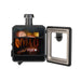 Black portable smoker with open door, cooking meats and sausages inside.