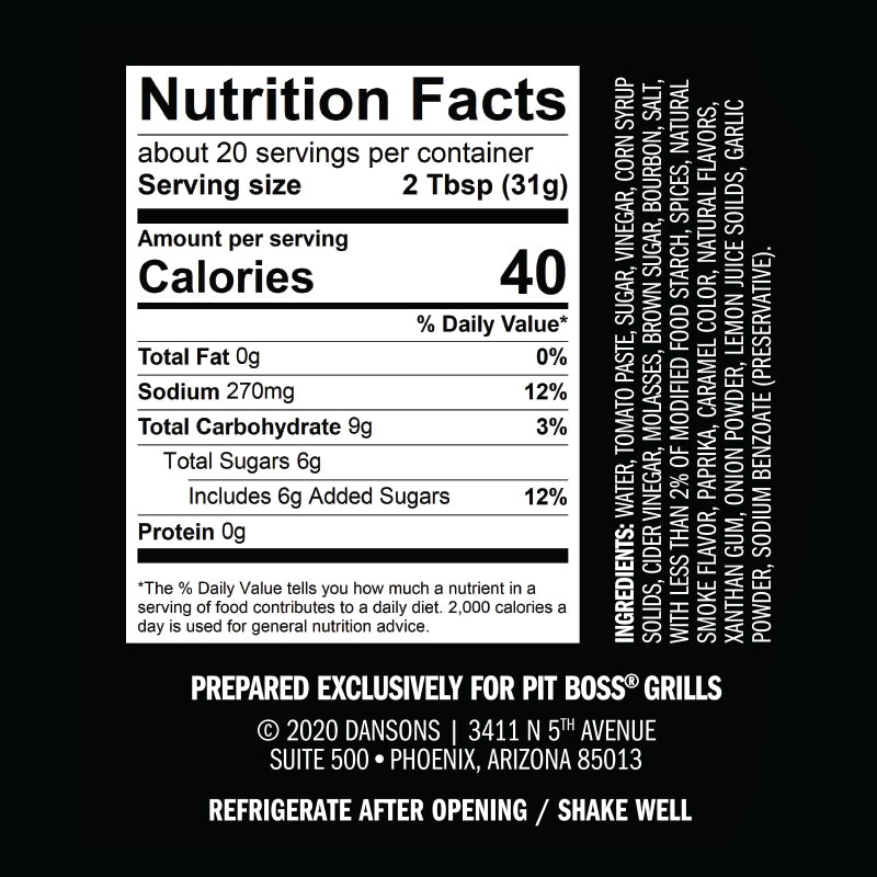 Nutrition Facts label for Pit Boss Grills sauce, 2 Tbsp serving, 40 calories, 270mg sodium, 9g carbs.