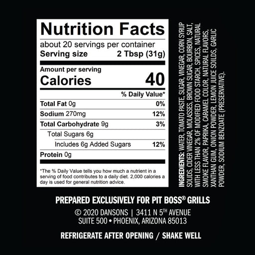 Nutrition Facts label for Pit Boss Grills sauce, 2 Tbsp serving, 40 calories, 270mg sodium, 9g carbs.