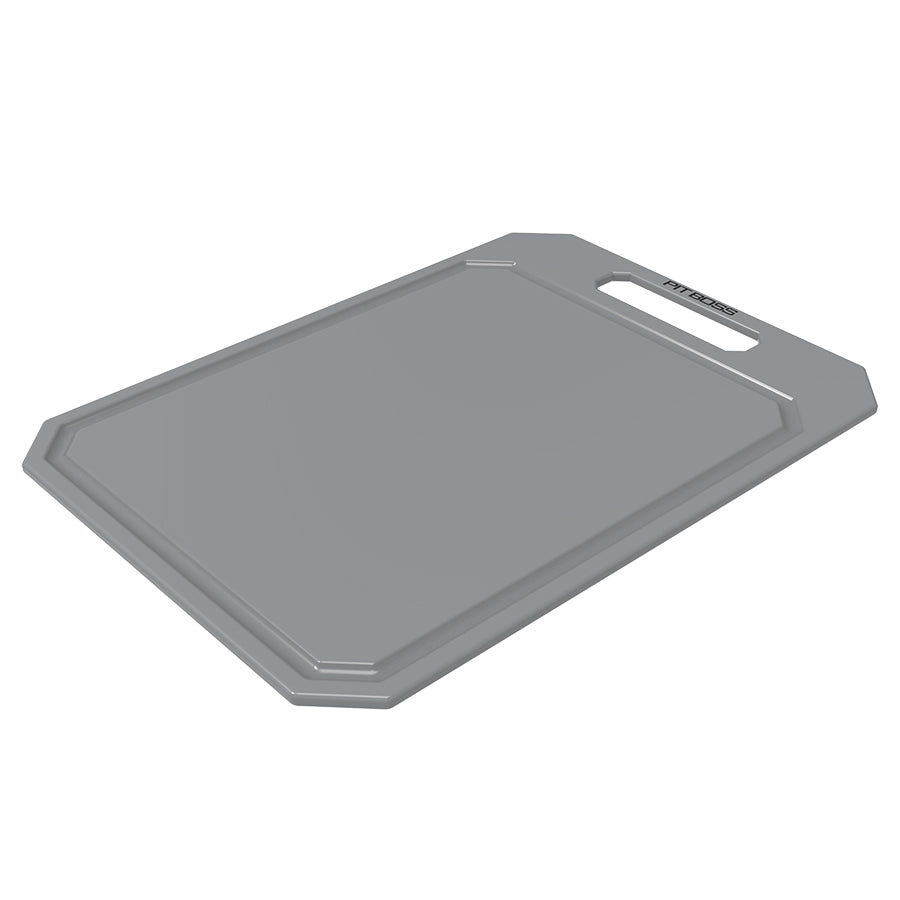 Gray plastic cutting board with handle and "P116055" branding.