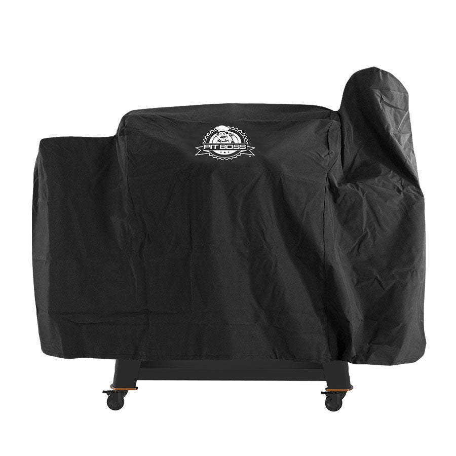 Black Pit Boss grill cover with logo, on wheels.