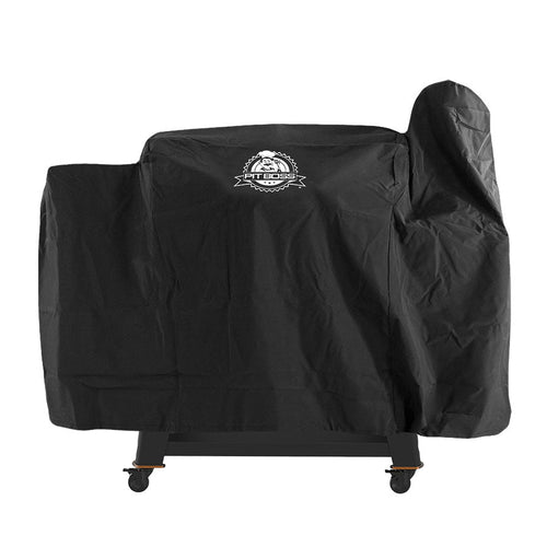 Black Pit Boss grill cover with logo, on wheels.