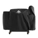 Black Pit Boss grill cover with logo, on wheels.