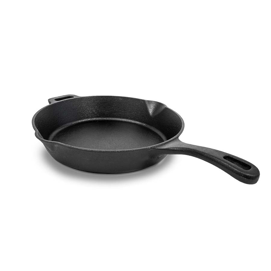 Black cast iron skillet with two handles.