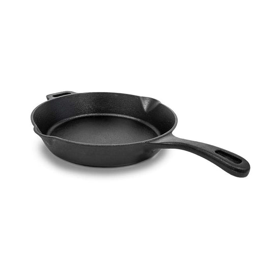 Black cast iron skillet with two handles.