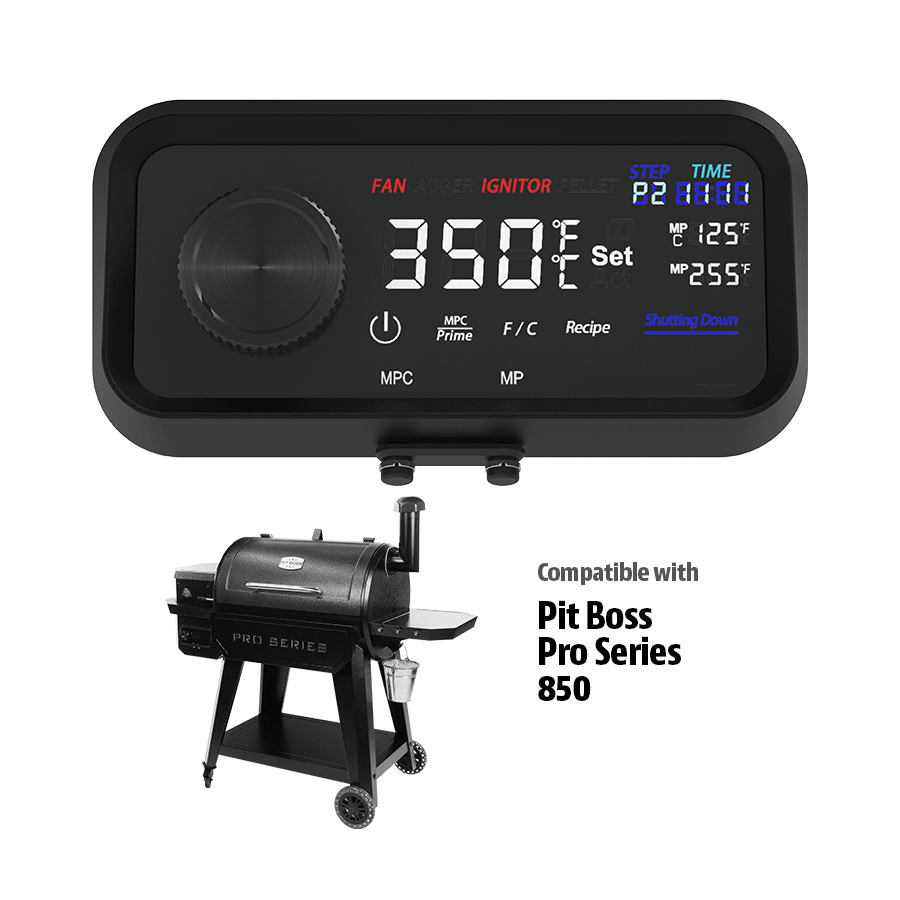 Digital control panel for Pit Boss Pro Series 850 grill. Large display, dial knob, and temperature settings shown.