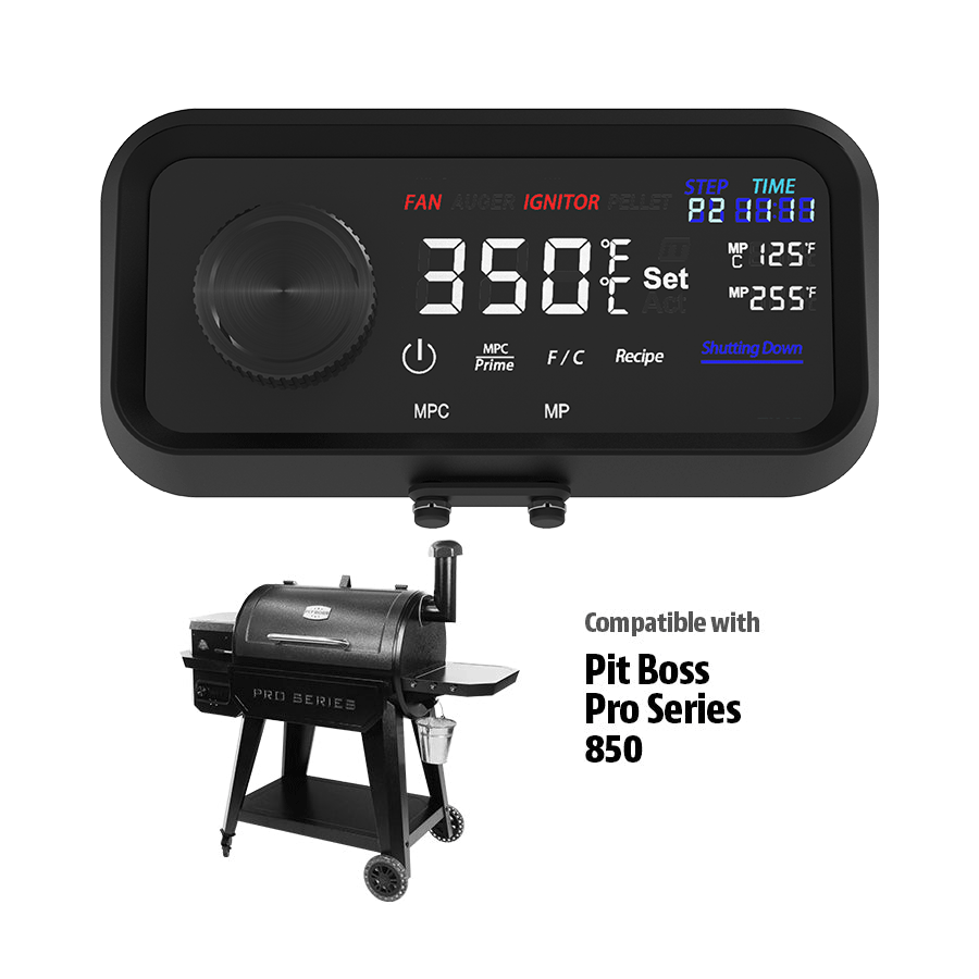 Digital control panel for Pit Boss Pro Series 850 grill. Large display, dial knob, and temperature settings shown.