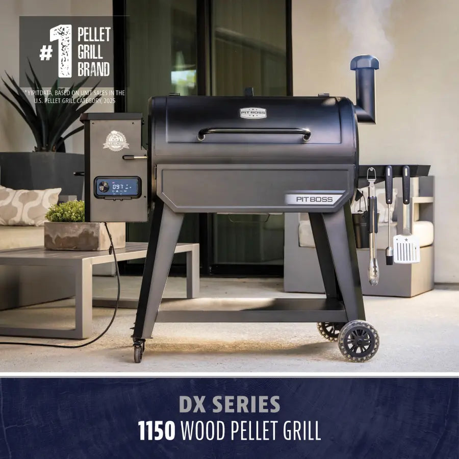 Dark gray Pit Boss DX Series 1150 wood pellet grill with digital control panel and smoker box.