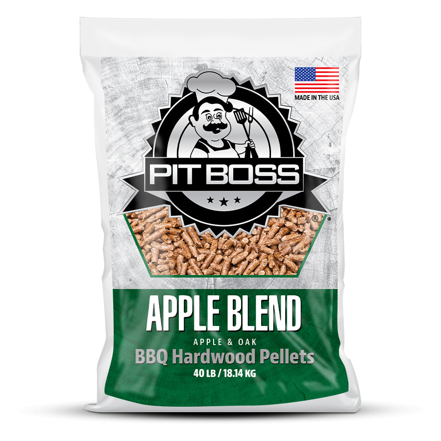 White bag of Pit Boss Apple Blend BBQ Hardwood Pellets, 40 lb / 18.14 kg.
