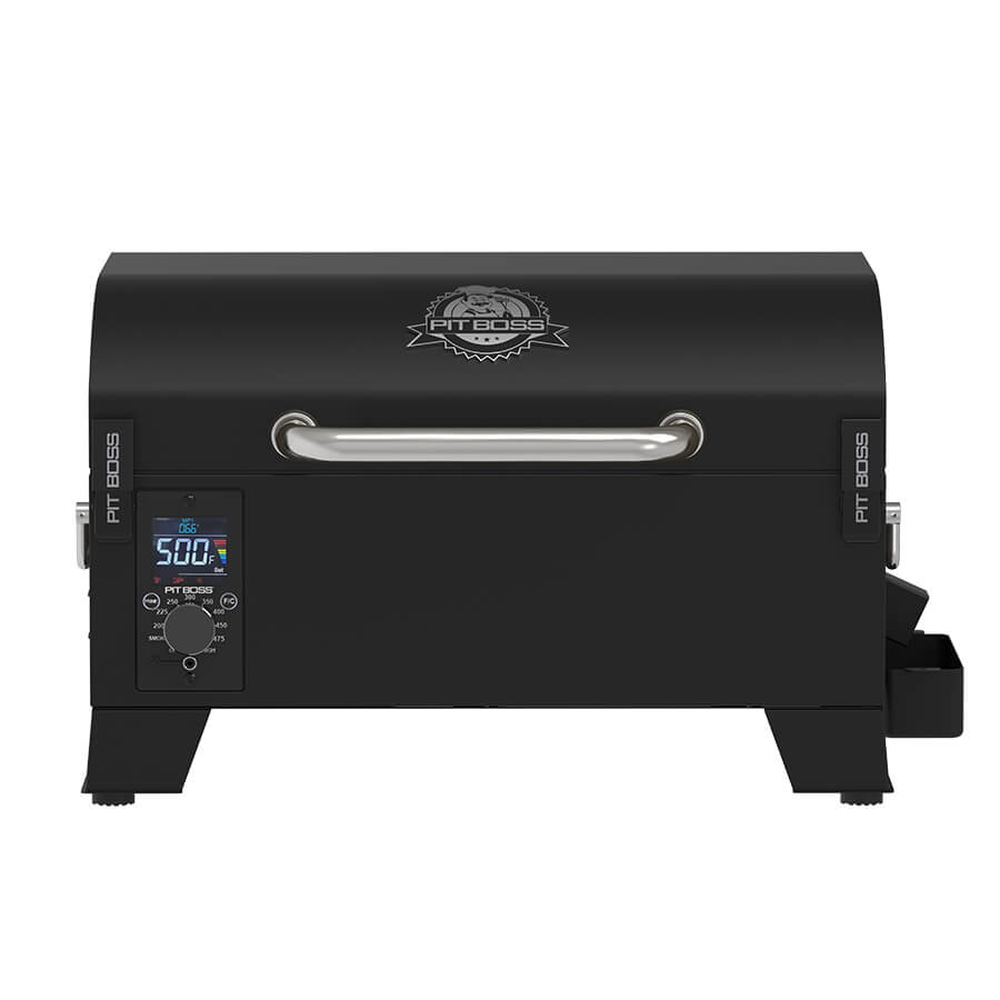 Black tabletop Pit Boss pellet grill with digital control panel, silver handle, and logo on lid. Compact and portable design.