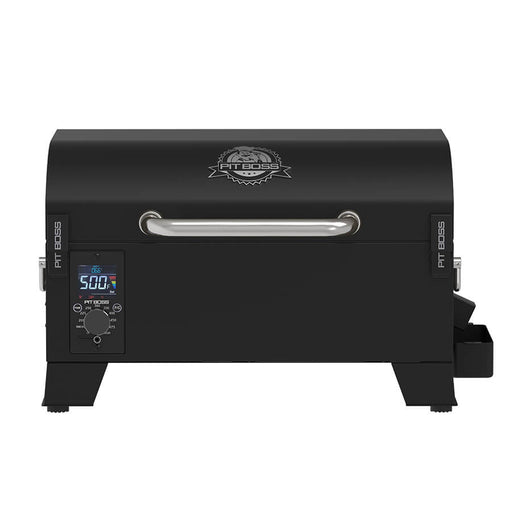 Black tabletop Pit Boss pellet grill with digital control panel, silver handle, and logo on lid. Compact and portable design.