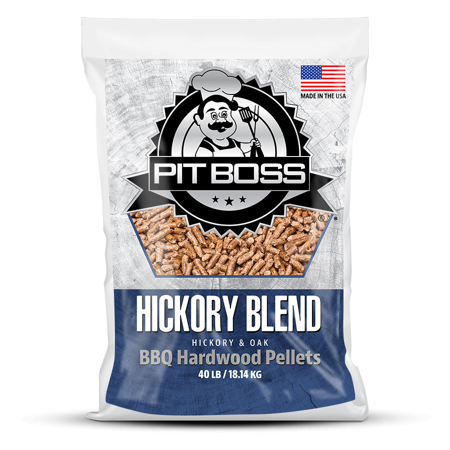 White bag of Pit Boss Hickory Blend BBQ Hardwood Pellets, 40 lb / 18.14 kg.