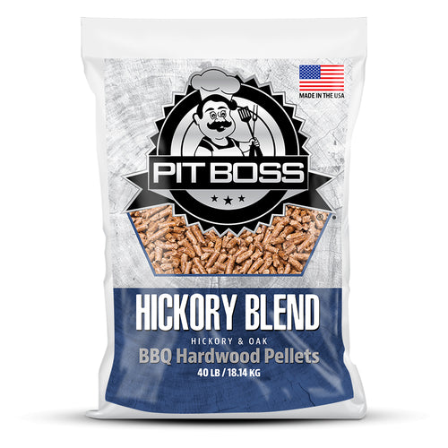 White bag of Pit Boss Hickory Blend BBQ Hardwood Pellets, 40 lb / 18.14 kg.
