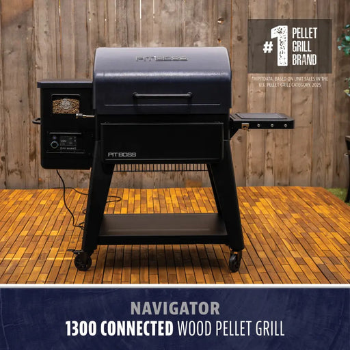 Black Pit Boss Navigator 1300 Connected Wood Pellet Grill on wooden deck.