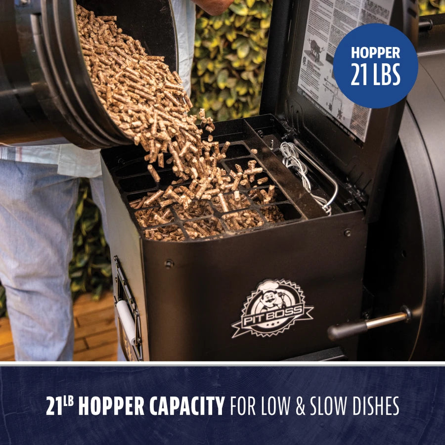Black Pit Boss smoker with 21lb hopper capacity for low and slow cooking.