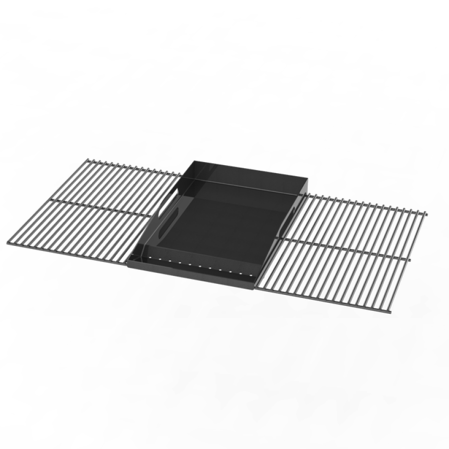 Black grill grate with square drip pan insert.