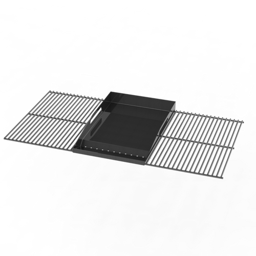 Black grill grate with square drip pan insert.