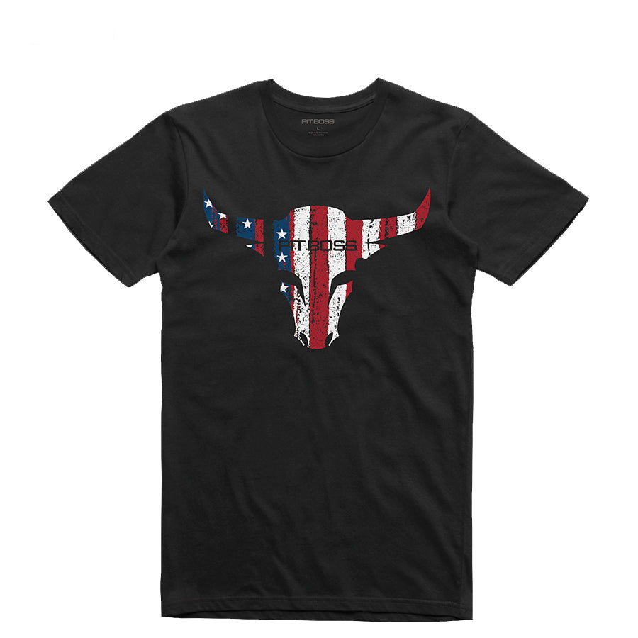 Black t-shirt with "FIT BOSS" and American flag bull graphic.