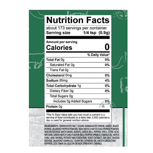 Green container with nutrition facts label showing 0 calories per 1/4 tsp serving.