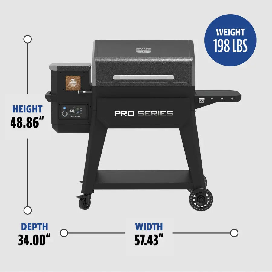 Black Pit Boss Pro Series grill, 48.86" tall, 57.43" wide, 34.00" deep, 198 lbs.