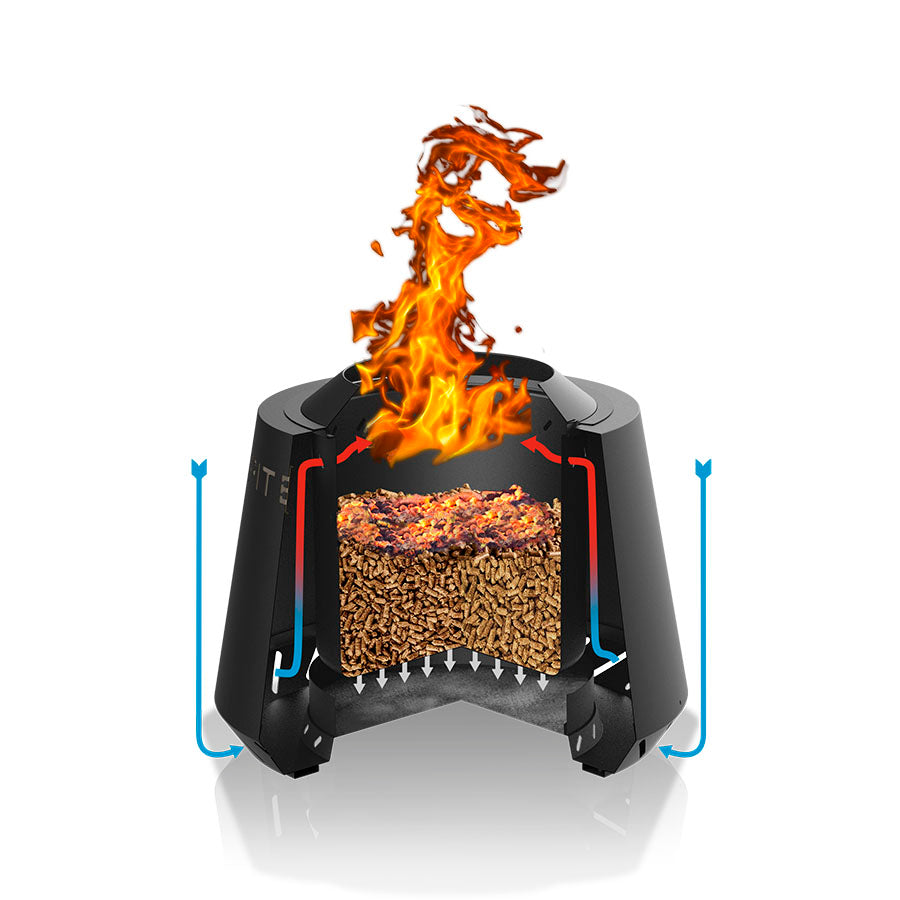 Black pellet stove with flames and airflow diagram.