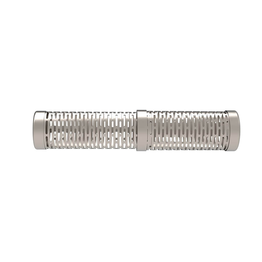 Silver cylindrical mesh filter with segmented design.