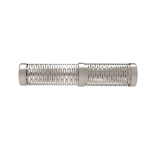 Silver cylindrical mesh filter with segmented design.