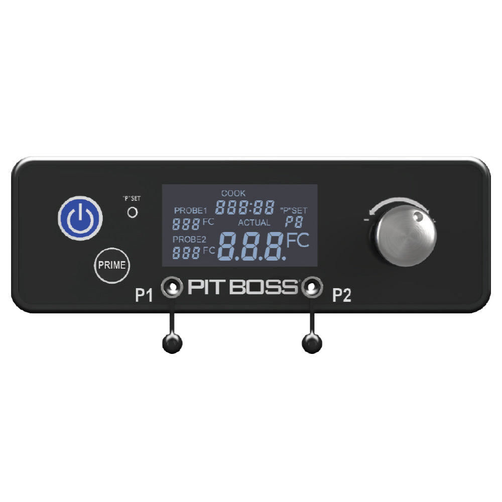 Pit Boss digital grill control panel with LCD screen, power button, dial, and probe ports, black and silver design.