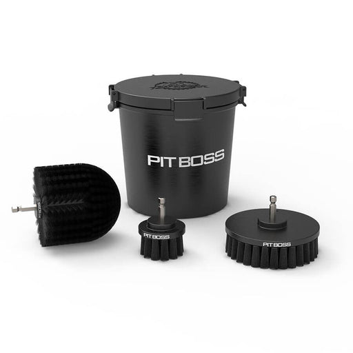 Black Pit Boss cleaning bucket set with brushes and scrubber.