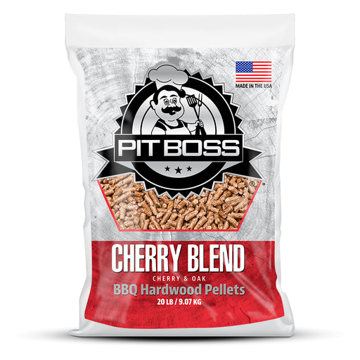White bag of Pit Boss Cherry Blend BBQ Hardwood Pellets, 20 lb / 9.07 kg.