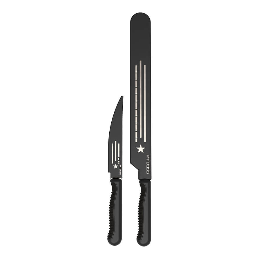 Black PT8055 steak knives with white stripes and star design.