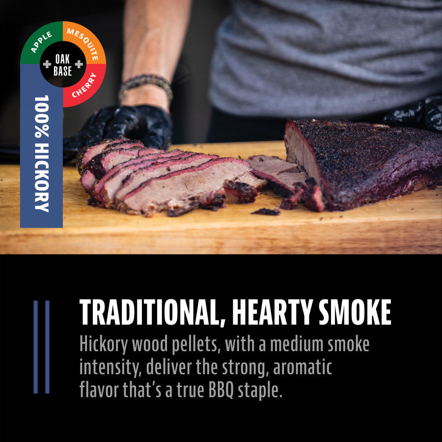 Hickory wood pellets for BBQ, shown with sliced smoked brisket. Delivers strong, aromatic, traditional smoke flavor.