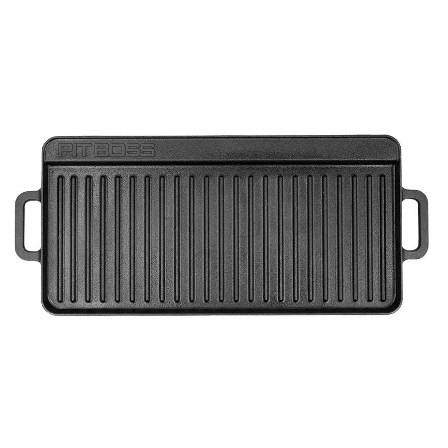 Black PitBoss cast iron griddle with handles.