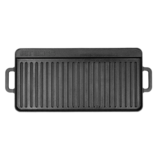 Black PitBoss cast iron griddle with handles.