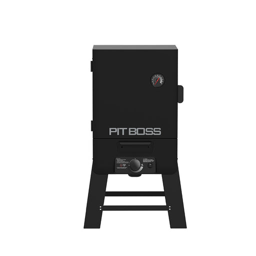 Black Pit Boss vertical smoker with temperature gauge, control knob, and sturdy legs. Compact and modern design.