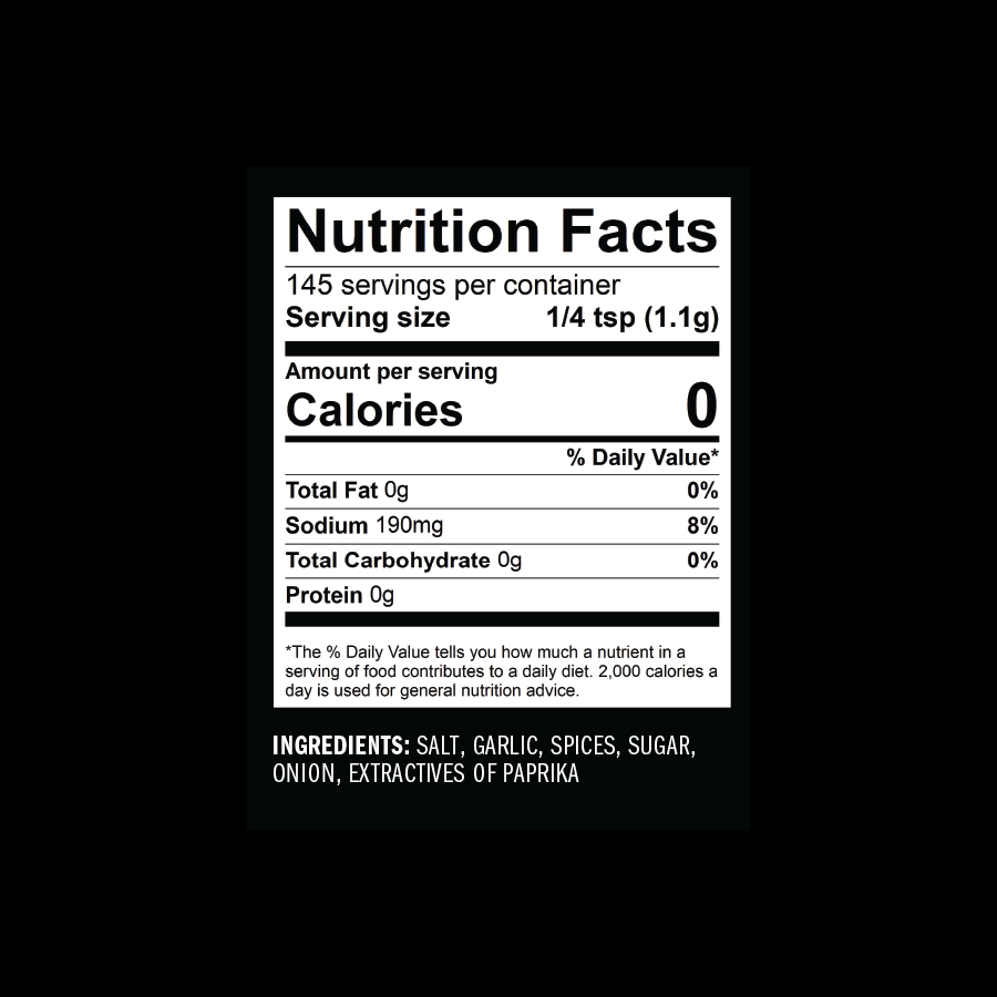Nutrition facts label for seasoning blend: salt, garlic, spices, sugar, onion, paprika extractives.