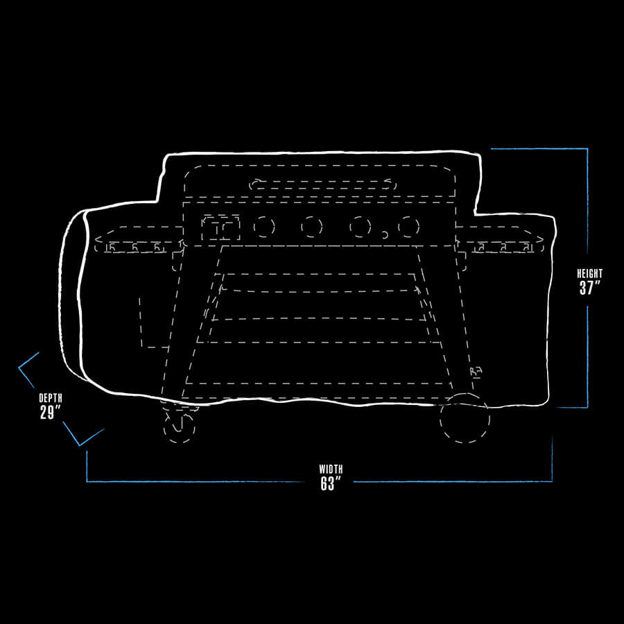 White diagram of a vehicle with dimensions: width 63", depth 29", height 37".