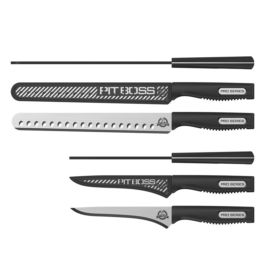 Set of five black-handled Pit Boss Pro Series knives with serrated edges.