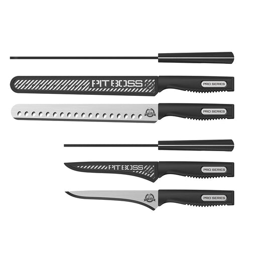 Set of five black-handled Pit Boss Pro Series knives with serrated edges.
