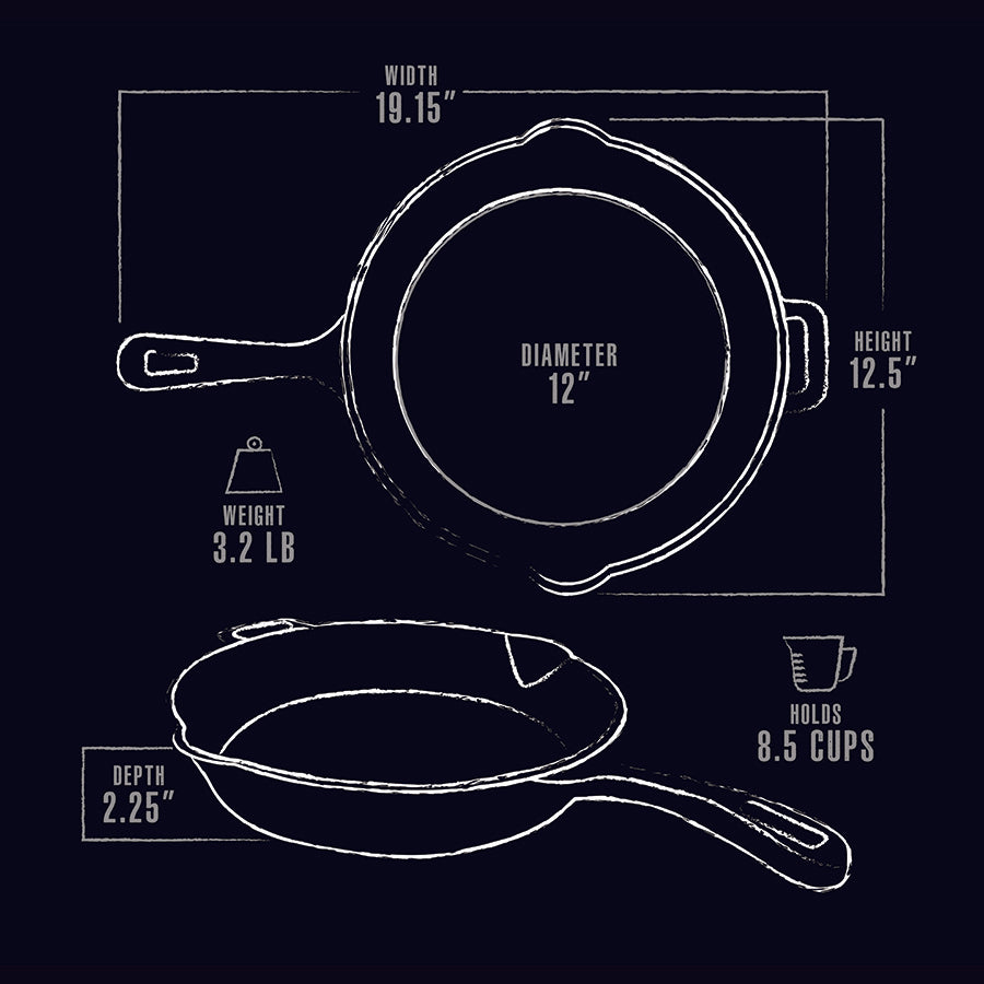 12" cast iron skillet, 3.2 lb, 8.5 cups capacity, 19.15" width, 12.5" height, 2.25" depth.