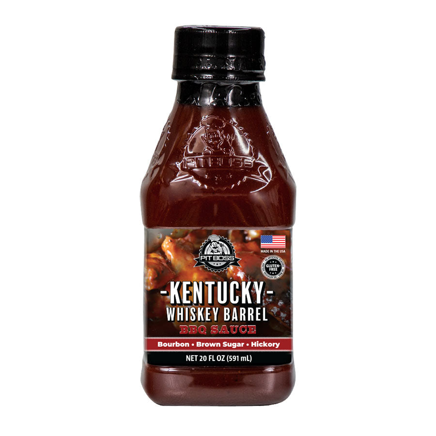 Dark bottle of Fit Boss Kentucky Whiskey Barrel BBQ Sauce, 20 fl oz.