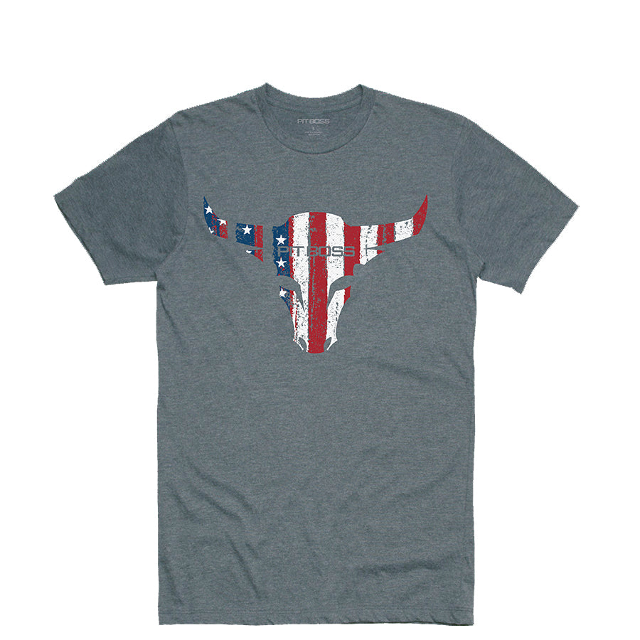 Dark gray t-shirt with "PIT BOSS" and American flag skull design.