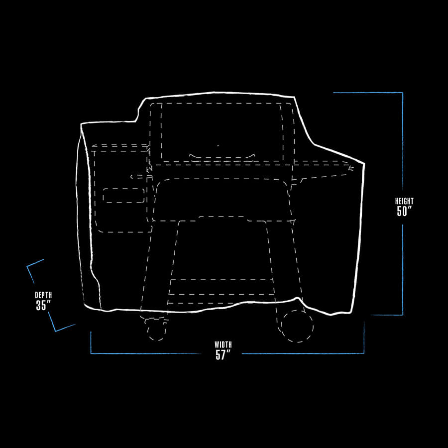 White outline of a grill cover with dimensions: 57" width, 50" height, 35" depth.