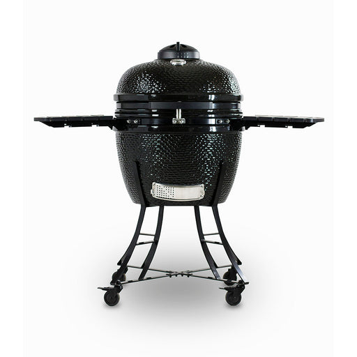 Black kamado-style grill with side shelves and wheels.